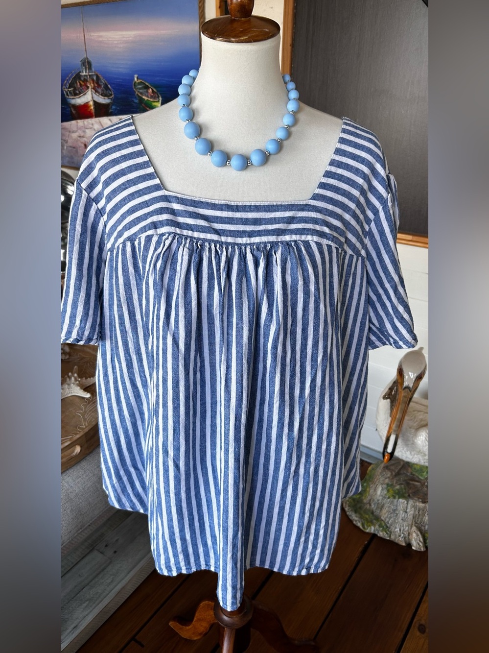 Terra & Sky 2X Blue White Striped Linen Blend Babydoll Top Coastal
